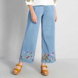 princess highway floral embroidered wide leg jeans